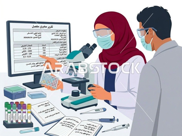 رسوم توضيحية لعلماء يحللون الفحوصات الطبية في المختبر