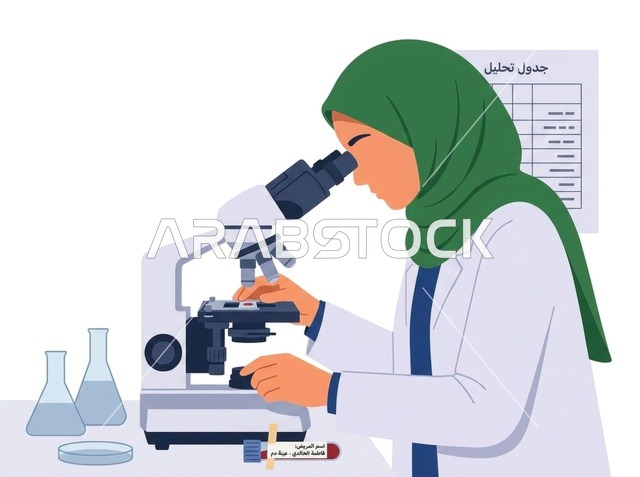 Muslim Female Scientist Using Microscope in Lab Illustration