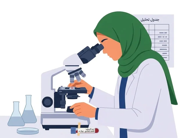 رسم توضيحي لعالمة مسلمة تستخدم المجهر في المختبر