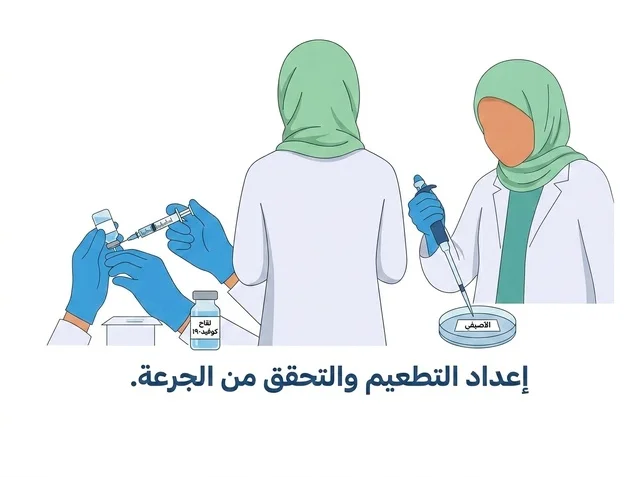 رسم توضيحي لعالمات طبيات يجهزن اللقاح في المختبر