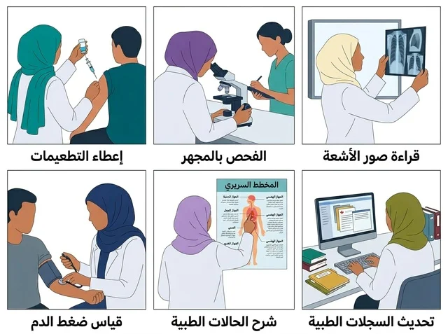 Muslim Female Doctor Medical Tasks Vector Illustration