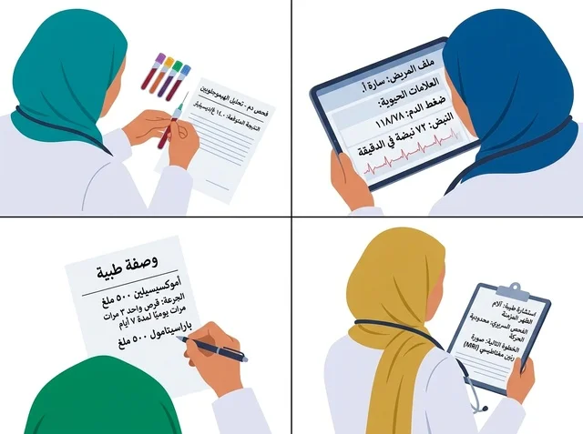رسومات توضيحية لطبيبة مسلمة تؤدي مهام طبية متنوعة