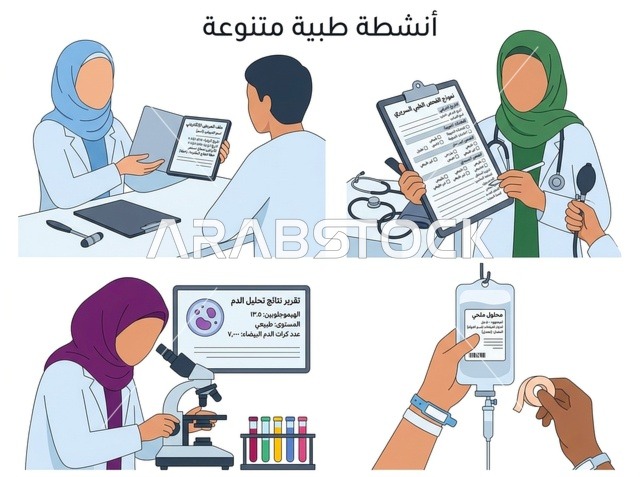 رسومات توضيحية لأنشطة طبية ورعاية صحية متنوعة