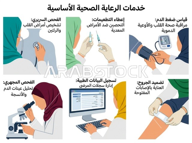 إنفوجرافيك خدمات الرعاية الصحية الأساسية باللغة العربية