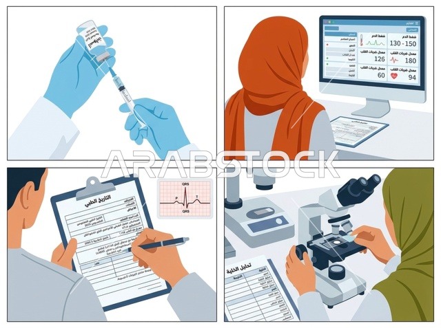 رسوم توضيحية لخدمات الرعاية الطبية والتحاليل المخبرية