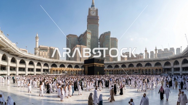 Kaaba and Makkah Clock Tower with Pilgrims