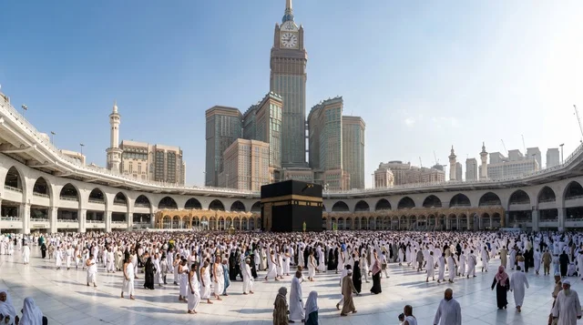 Kaaba and Makkah Clock Tower with Pilgrims