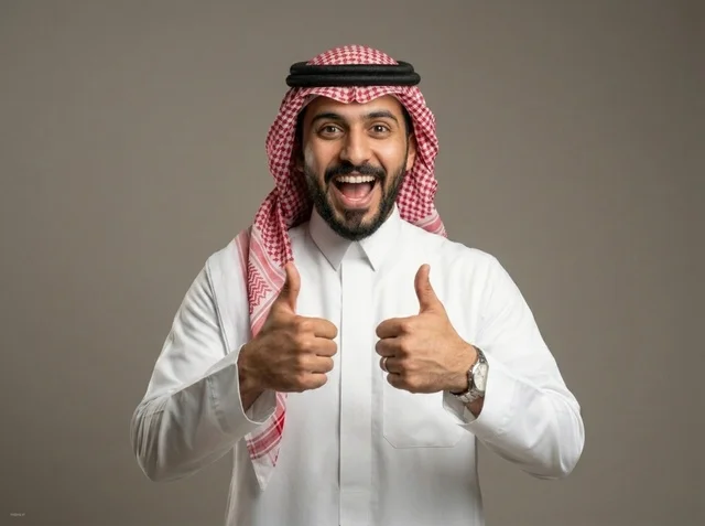 Excited Saudi Man Giving Thumbs Up in Studio Portrait