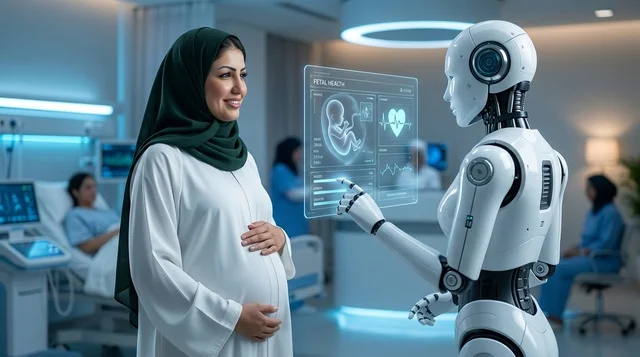 Pregnant Arab Woman and Medical Robot in Futuristic Clinic