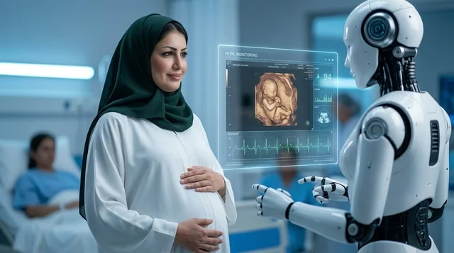 Pregnant Arab Woman with Medical AI Robot in Clinic