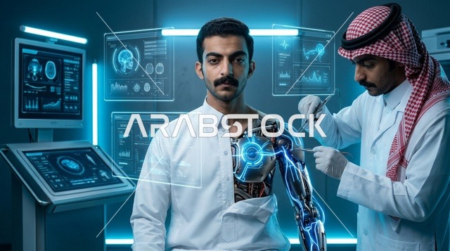 عالم سعودي يفحص مريض سايبورغ في مختبر مستقبلي