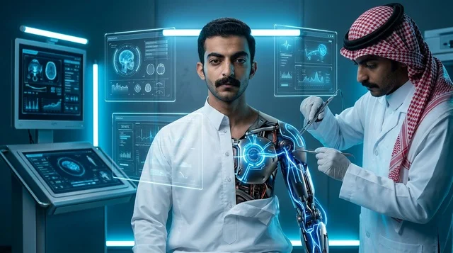 Saudi Scientist Examining Cyborg in Futuristic Medical Lab