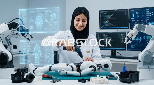 Arab Female Engineer Assembling Humanoid Robot in Lab