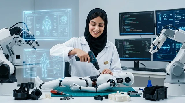 Arab Female Engineer Assembling Humanoid Robot in Lab
