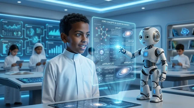 Arab Student Interacting with Robot in Futuristic Classroom