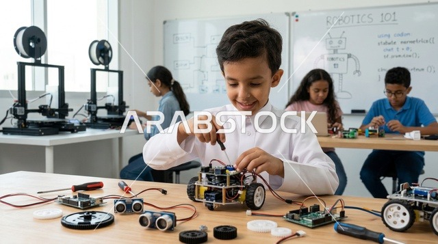 Arab Schoolboy Building Robot in STEM Classroom Lab