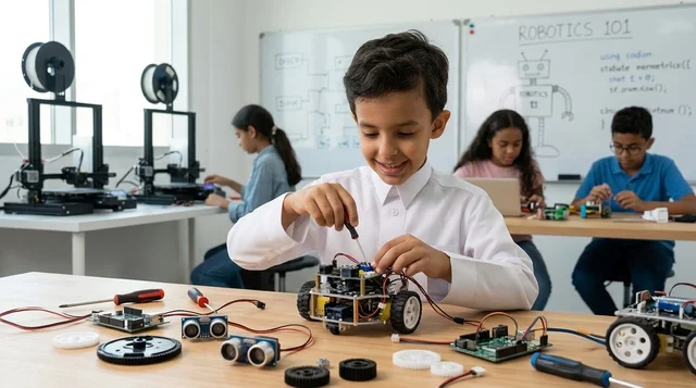 Arab Schoolboy Building Robot in STEM Classroom Lab