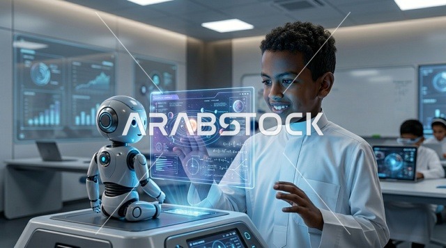 Saudi Boy with Robot and Hologram in Future Classroom