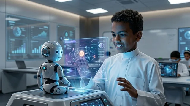 Saudi Boy with Robot and Hologram in Future Classroom