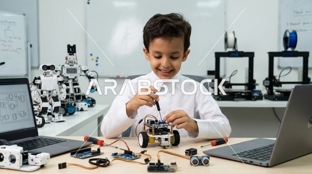 Arab Boy Assembling Small Robot in School Science Lab