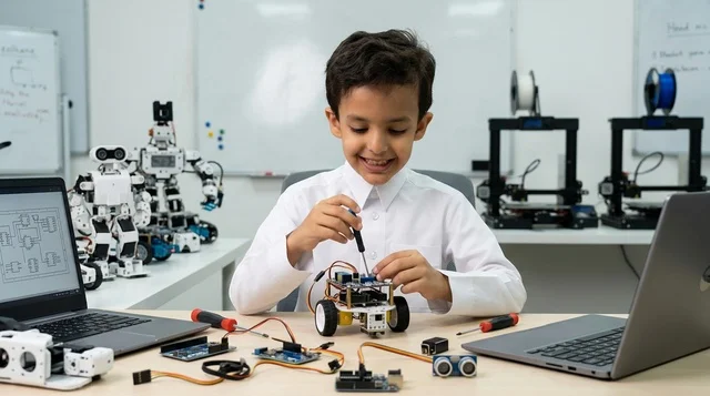 Arab Boy Assembling Small Robot in School Science Lab