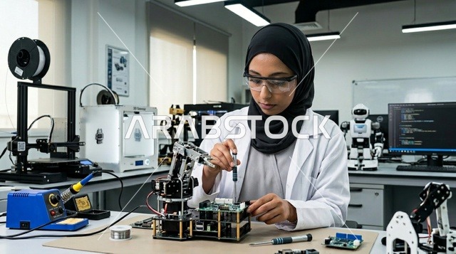 Arab Female Engineer Assembling Robotic Arm in Lab