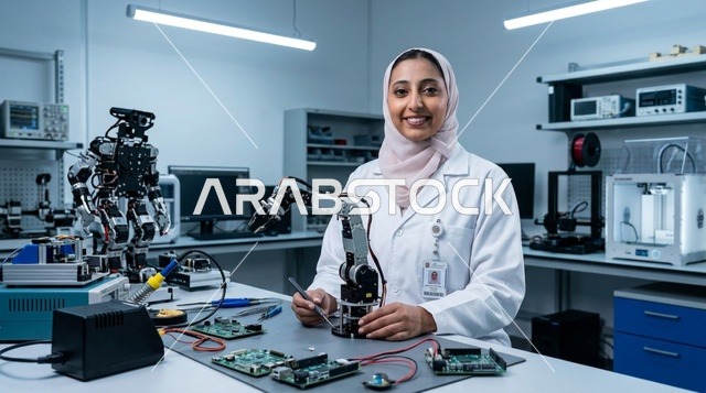 Arab Female Engineer working in Robotics Laboratory