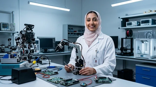 Arab Female Engineer working in Robotics Laboratory
