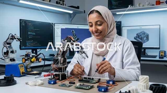 مهندسة عربية تعمل على تطوير الروبوتات في مختبر تقني