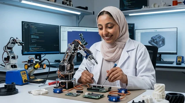 Arab Female Engineer Working on Robotics in Tech Lab