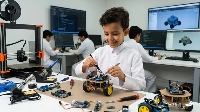 Saudi Boy Building Robotic Car in STEM Classroom Lab