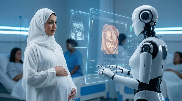 Pregnant Arab Woman with Robot in Futuristic Hospital