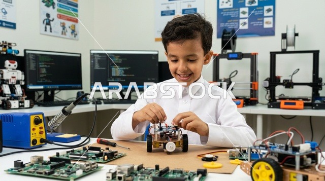 Saudi Boy Building Robot in STEM Science Classroom