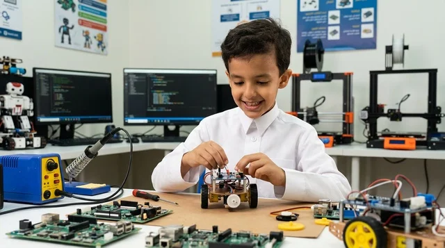 Saudi Boy Building Robot in STEM Science Classroom