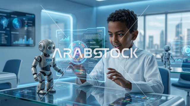 Saudi Boy Interacting with Robot and Hologram in Lab