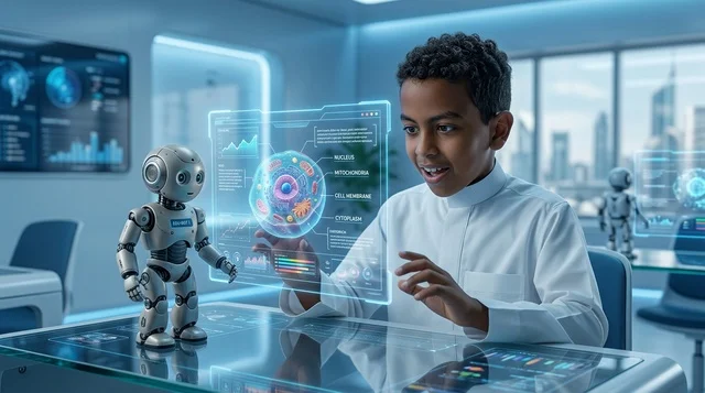 Saudi Boy Interacting with Robot and Hologram in Lab