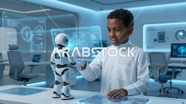 Arab Boy Interacting with Robot in Futuristic Laboratory