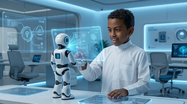 Arab Boy Interacting with Robot in Futuristic Laboratory