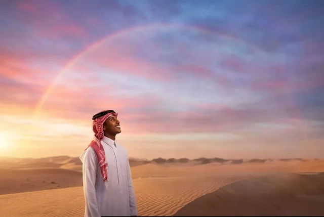 رجل سعودي بالزي التقليدي ينظر إلى قوس قزح في الصحراء