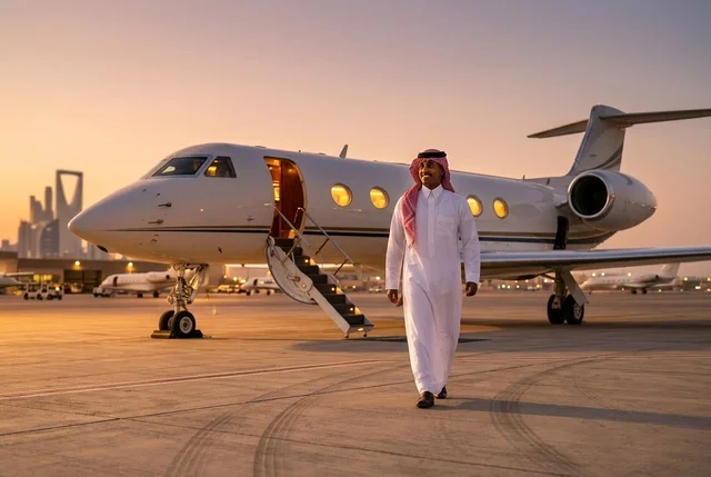 رجل أعمال سعودي مع طائرة خاصة في الرياض وقت الغروب