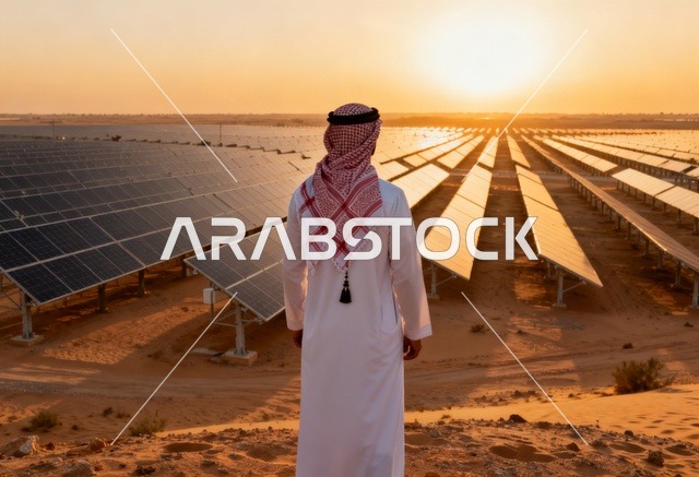 رجل سعودي يتطلع إلى ألواح شمسية في الصحراء وقت الغروب