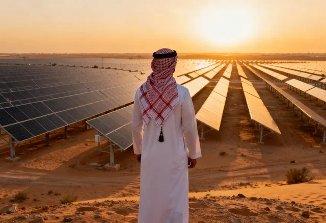 Saudi Man Looking at Desert Solar Panels at Sunset