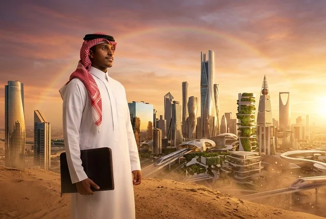 Saudi Businessman Riyadh Futuristic Skyline Sunset