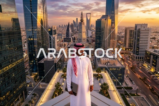رجل أعمال سعودي على سطح مبنى في الرياض وقت الغروب