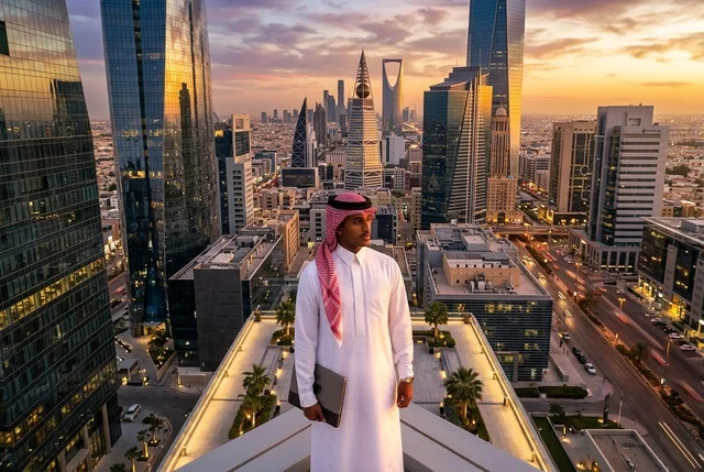 رجل أعمال سعودي على سطح مبنى في الرياض وقت الغروب