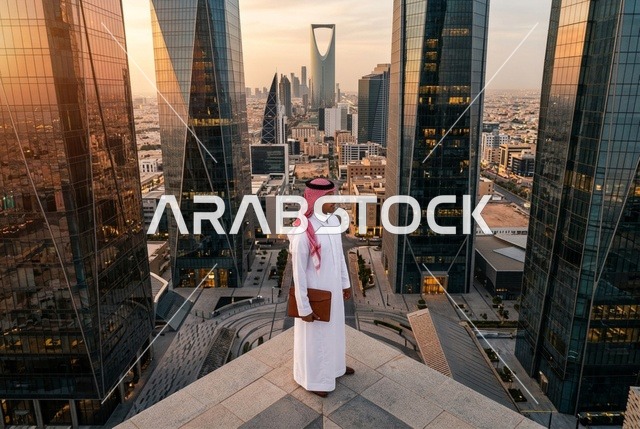 رجل أعمال سعودي على سطح ناطحة سحاب في الرياض عند الغروب