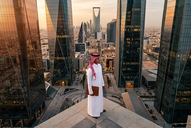 Saudi Businessman on Riyadh Skyscraper Rooftop at Sunset