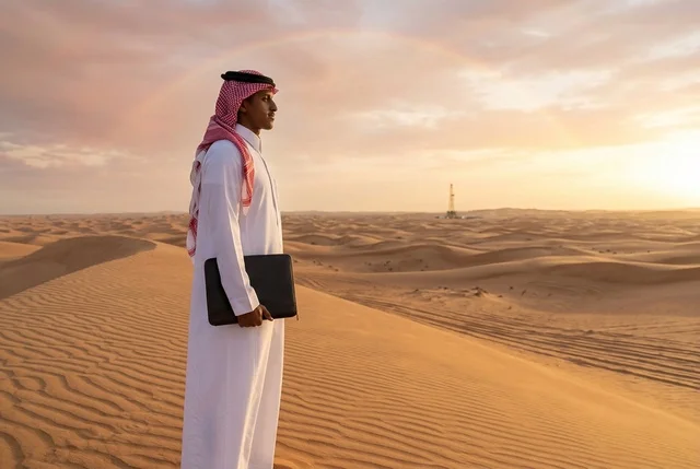 رجل أعمال سعودي في الصحراء عند الغروب مع حقل نفط