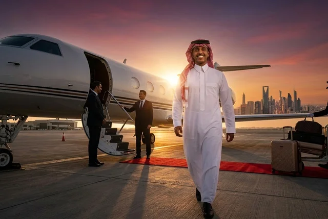 Saudi Businessman by Private Jet in Riyadh Sunset