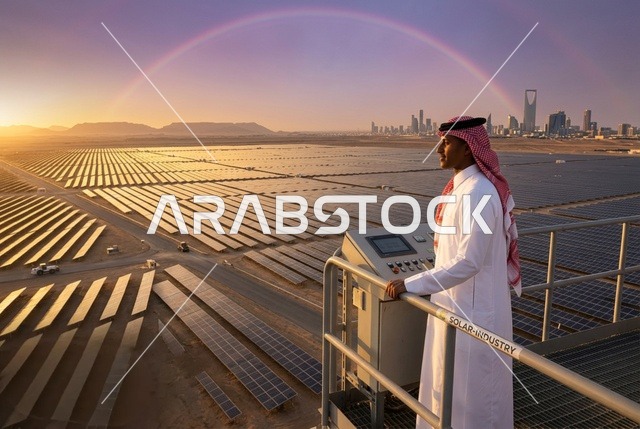 Saudi Man at Riyadh Solar Panel Farm at Sunset